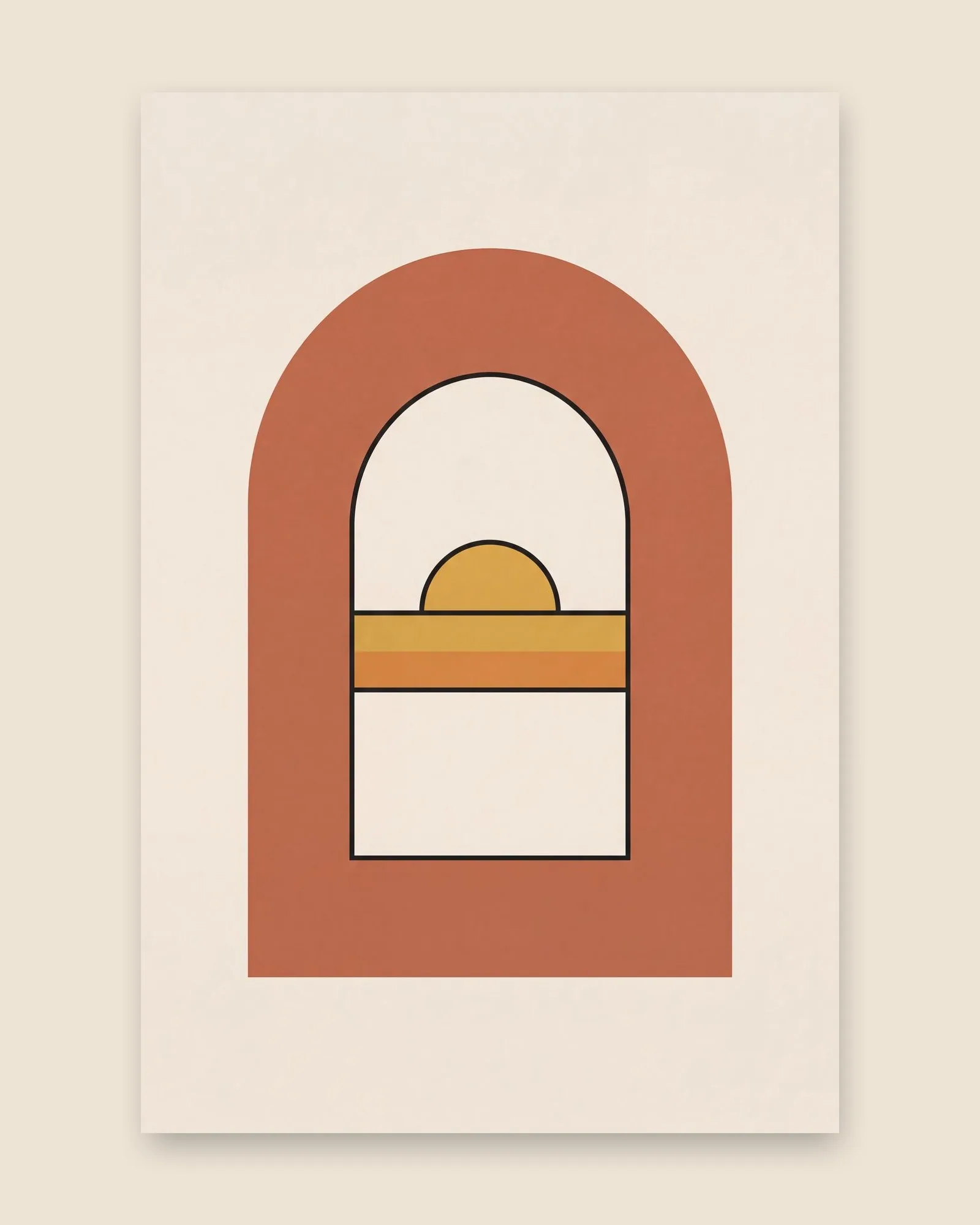 Terracotta arch sunrise art print on a warm plaster background