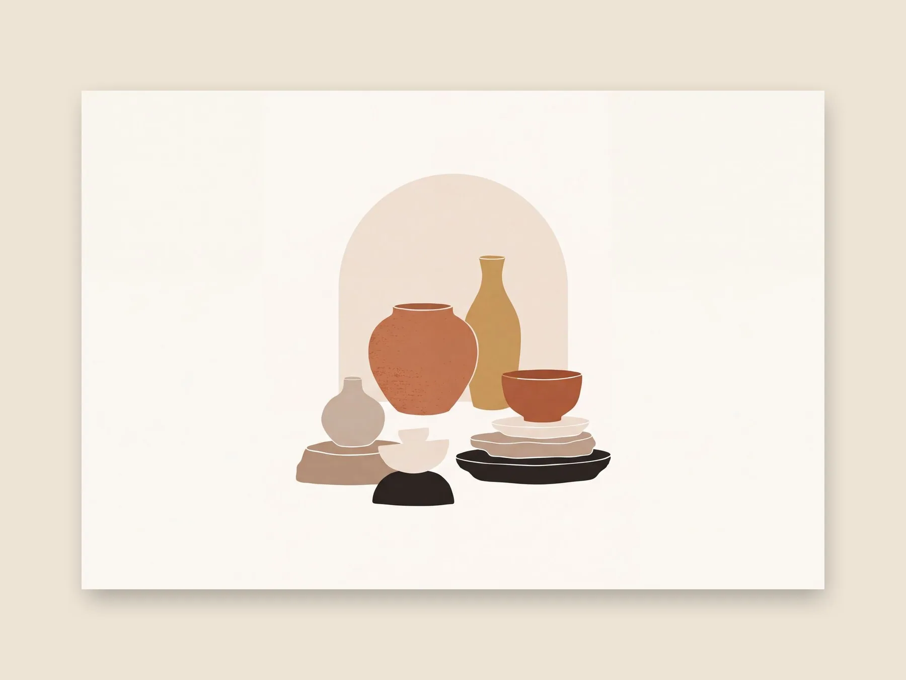 Warm terracotta ceramic vessels arranged as a still life art print