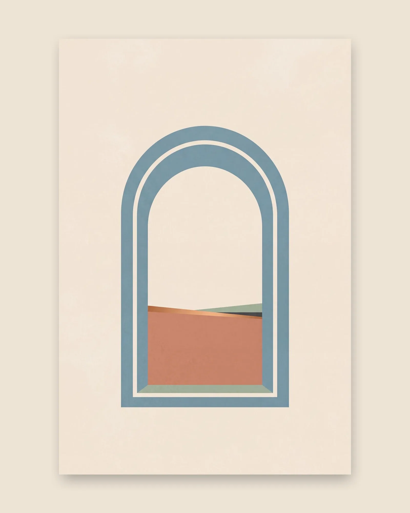 Blue arched window art print with terracotta hills