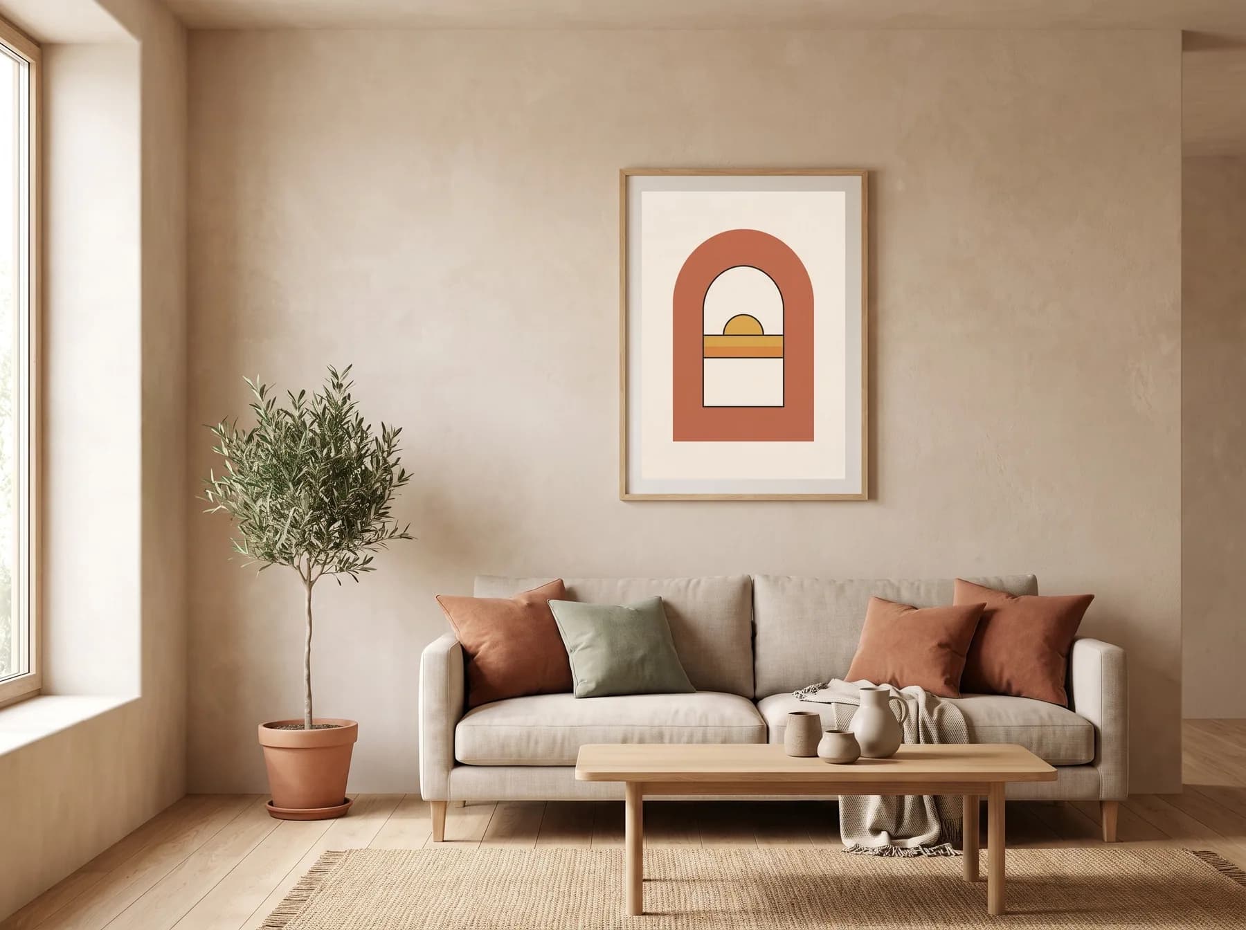 Arch Horizon print above a warm neutral living room sofa