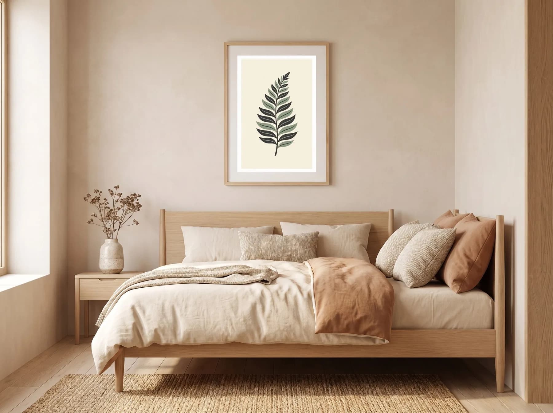 Linen Fern print above a layered neutral bed